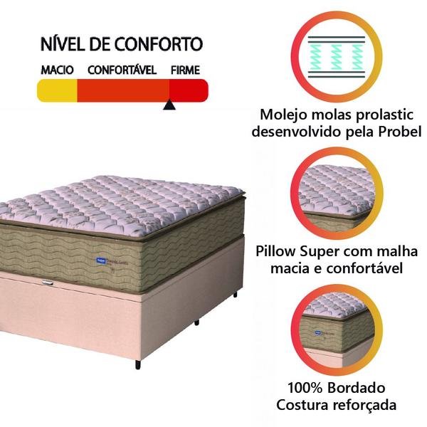 Imagem de Cama Box Baú Colchão Casal Probel Molas Guarda Costas Max Pillow Top 138x188x81cm Branco / Bege