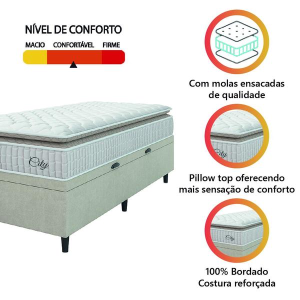 Imagem de Cama Box Baú Colchão Solteiro Molas Ensacadas City Pillow Top 88x188x64cm Branco / Bege Hellen - Suporta até 110kg por Pessoa