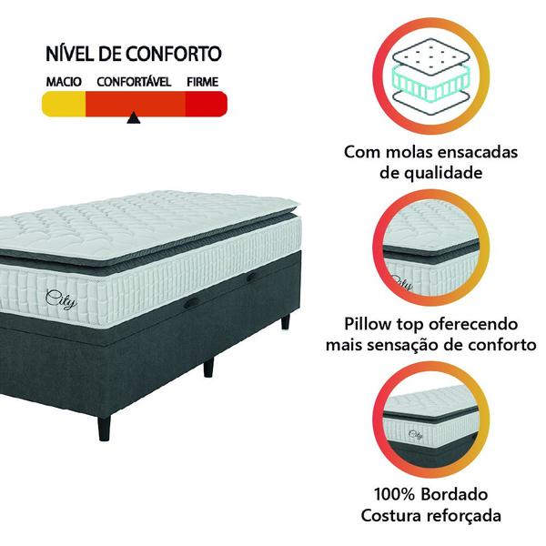 Imagem de Cama Box Baú Colchão Solteiro Molas Ensacadas City Pillow Top 88x188x64cm Branco / Cinza Hellen - Suporta até 110kg por Pessoa