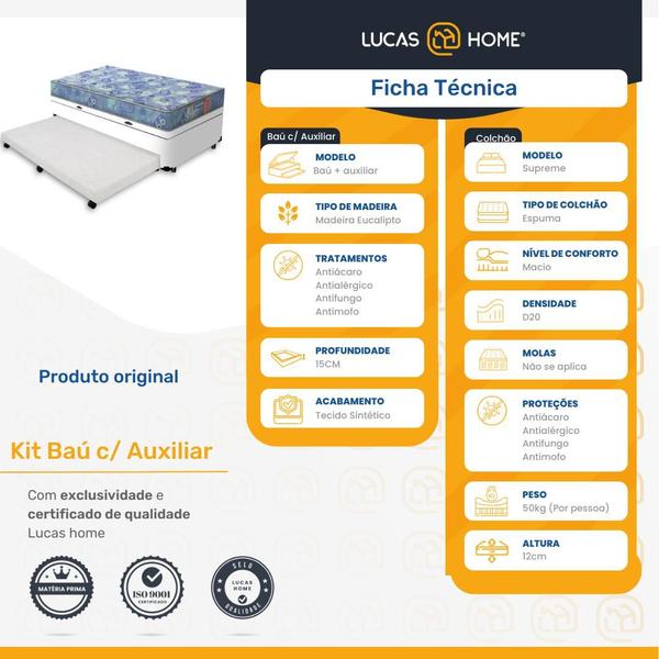 Cama Box Baú e Auxiliar Solteiro + Colchão de Espuma D20 - Gazin - Supreme 88cm - Lucas Home Imagem de Cama Box Baú e Auxiliar Solteiro + Colchão de Espuma D20 - Gazin - Supreme 88cm