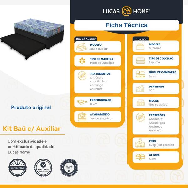 Cama Box Baú e Auxiliar Solteiro + Colchão de Espuma D20 - Gazin - Supreme 88cm - Lucas Home Imagem de Cama Box Baú e Auxiliar Solteiro + Colchão de Espuma D20 - Gazin - Supreme 88cm