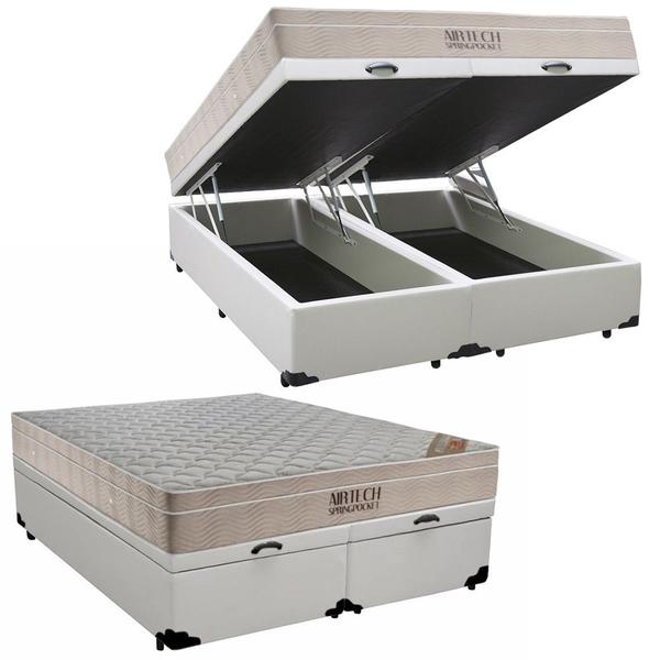 Imagem de Cama Box Baú King Sintético Bipartido + Colchão Ortobom Airtech Molas Ensacadas 193x203x65 Branco