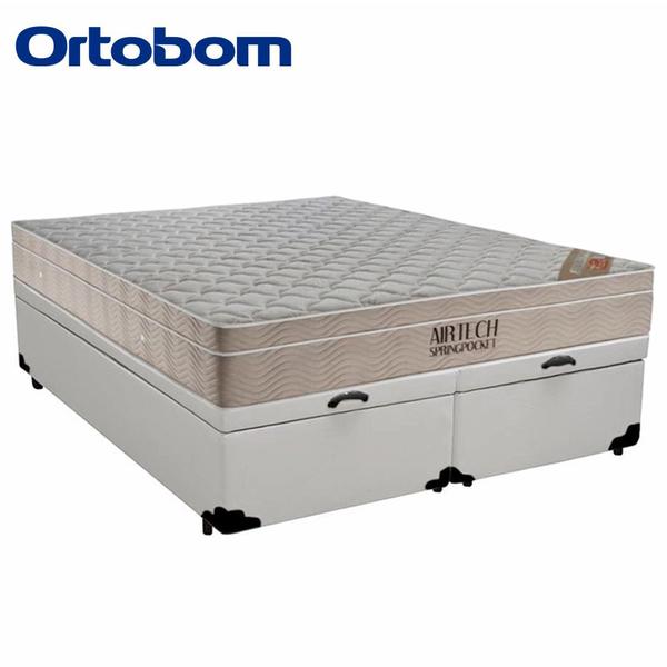 Imagem de Cama Box Baú King Sintético Bipartido + Colchão Ortobom Airtech Molas Ensacadas 193x203x65 Branco