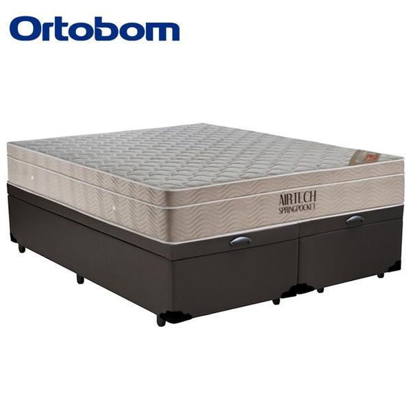 Imagem de Cama Box Baú King Sintético Bipartido + Colchão Ortobom Airtech Molas Ensacadas 193x203x65