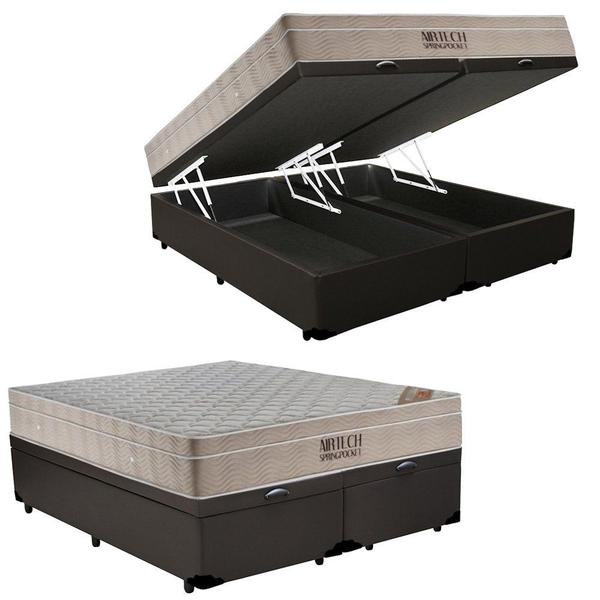 Imagem de Cama Box Baú King Sintético Bipartido + Colchão Ortobom Airtech Molas Ensacadas 65x193x203 Marrom