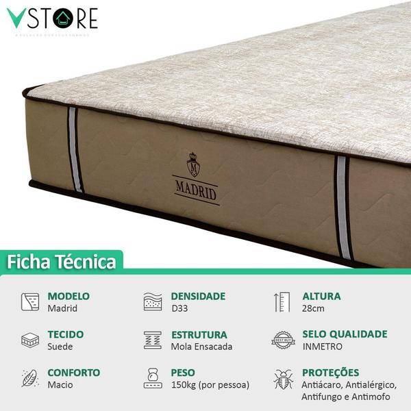 Imagem de Cama Box Baú Queen Bravus + Colchão Mola Ensacada D33 Madrid 158x198x66cm Várias Cores - Vstore