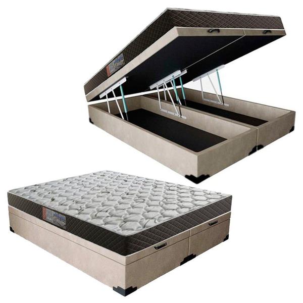 Cama Box Baú Queen Colchão Mola Ensacada Belos Sonhos + Box Suede 67x158x198 Bege - Rabi Colchões Imagem de Cama Box Baú Queen Colchão Mola Ensacada Belos Sonhos + Box Suede 67x158x198 Bege