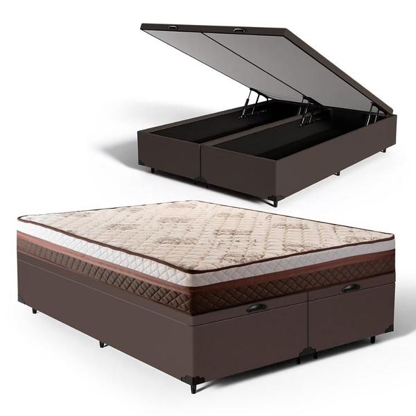 Imagem de Cama Box Baú Queen + Colchão Siena Molas Ensacadas Marrom  158x188x62cm - Suporta até 110kg Por Pessoa