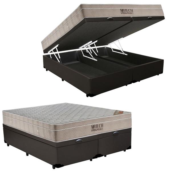 Imagem de Cama Box Baú Queen Sintético Bipartido + Colchão Ortobom Airtech Molas Ensacadas 65x158x198 Marrom