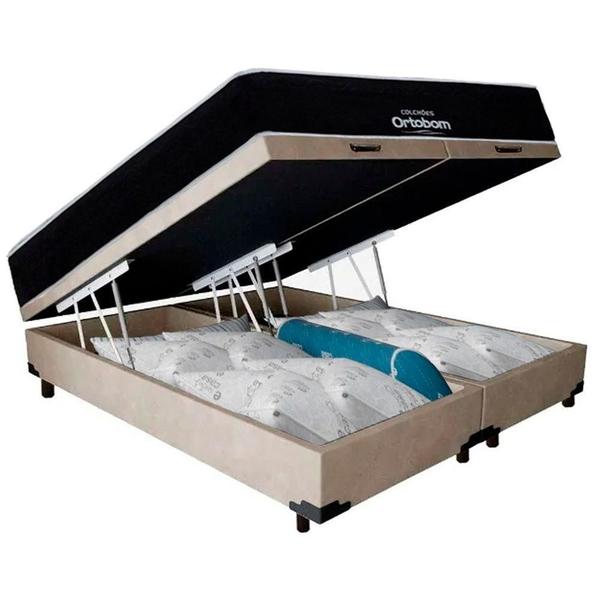 Imagem de Cama Box Baú Queen Suede Bipartido + Colchão Airtech Molas Ensacadas Antares Ortobom 158x198x71 Bege