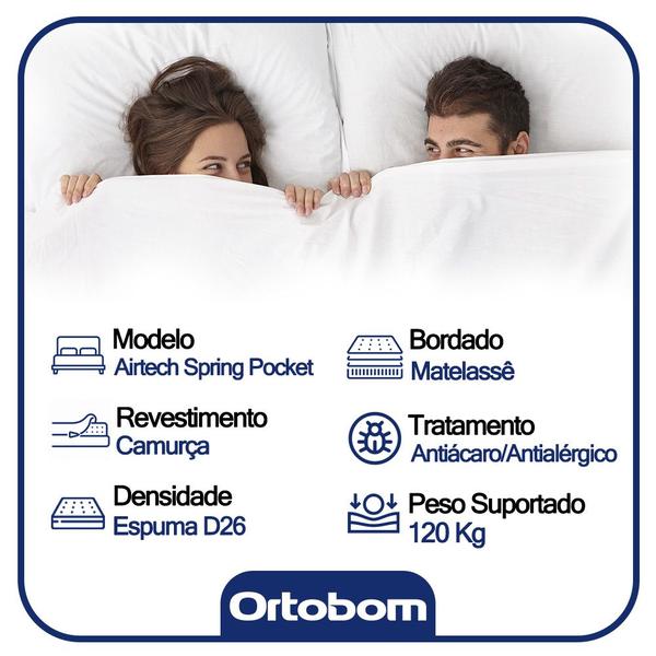 Imagem de Cama Box Baú Queen Suede Bipartido + Colchão Queen Molas Ensacadas AirTech Ortobom 69x158x198 Preto