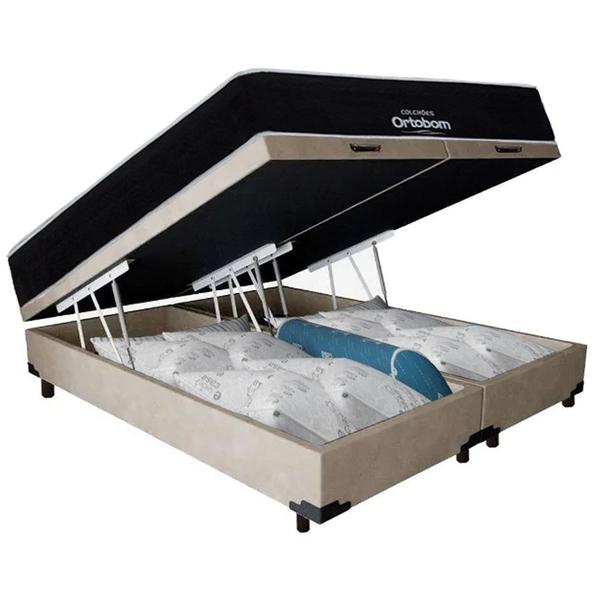 Imagem de Cama Box Baú Queen Suede + Colchão Airtech Molas Ensacadas Antares Ortobom 158cm Bege - Suporta Até 120kg Por Pessoa