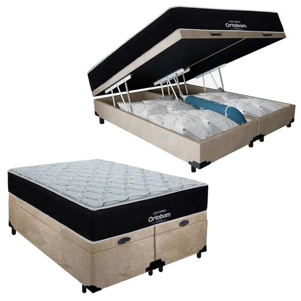 Imagem de Cama Box Baú Queen Suede + Colchão Airtech Molas Ensacadas Antares Ortobom Bege 158cm - Suporta Até 120kg Por Pessoa