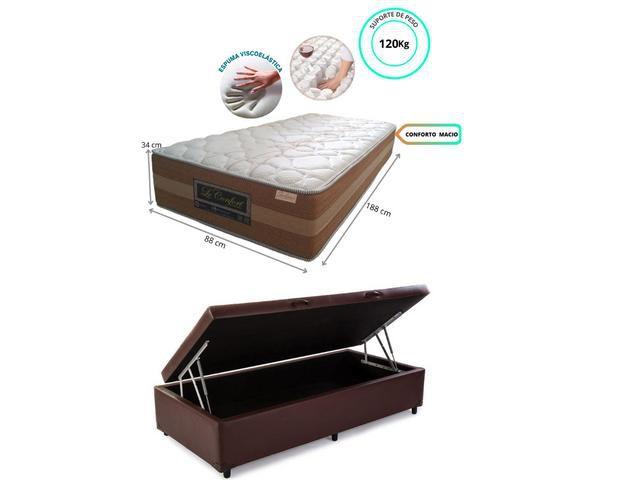 Imagem de Cama Box Baú Solteiro + Colchão Le Confort Molas Ensacadas 88x188x76 - Linha Luxo - Confortável - Alto