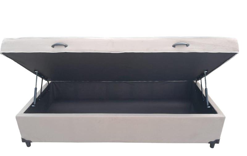 Cama Box Baú Solteiro Conjugado, (com colchão acoplado) em Suede Bege - Imperium do Sono Imagem de Cama Box Baú Solteiro Conjugado, (com colchão acoplado) em Suede Bege