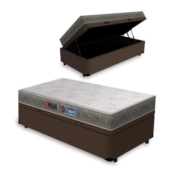 Imagem de Cama Box Baú Solteiro King Marrom + Colchão de Espuma D33 - Castor - Sleep Max 96x203x55cm