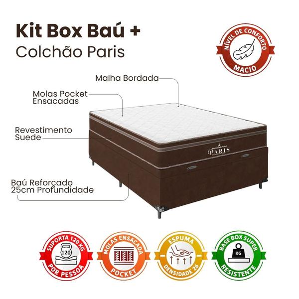 Imagem de Cama Box Baú Viúva + Colchão Paris Molas Ensacadas Pocket - 66x128x188cm - Várias Cores