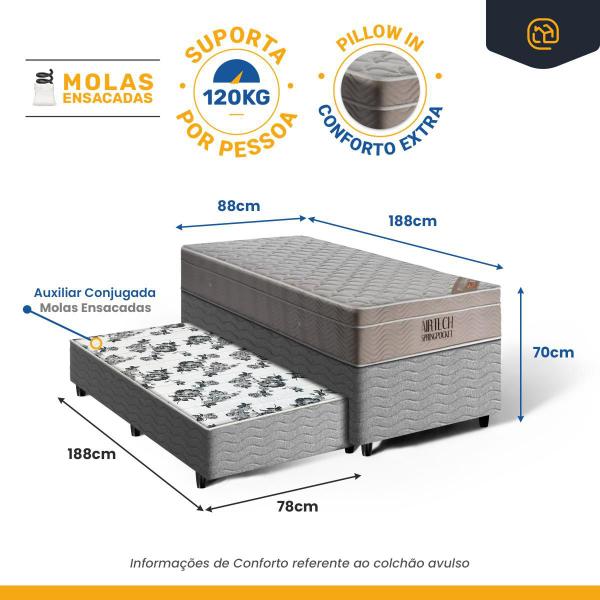 Imagem de Cama Box Bicama com Colchão de Molas Ensacadas Ortobom AirTech SpringPocket + Auxiliar de Molas Unique Solteiro 88cm