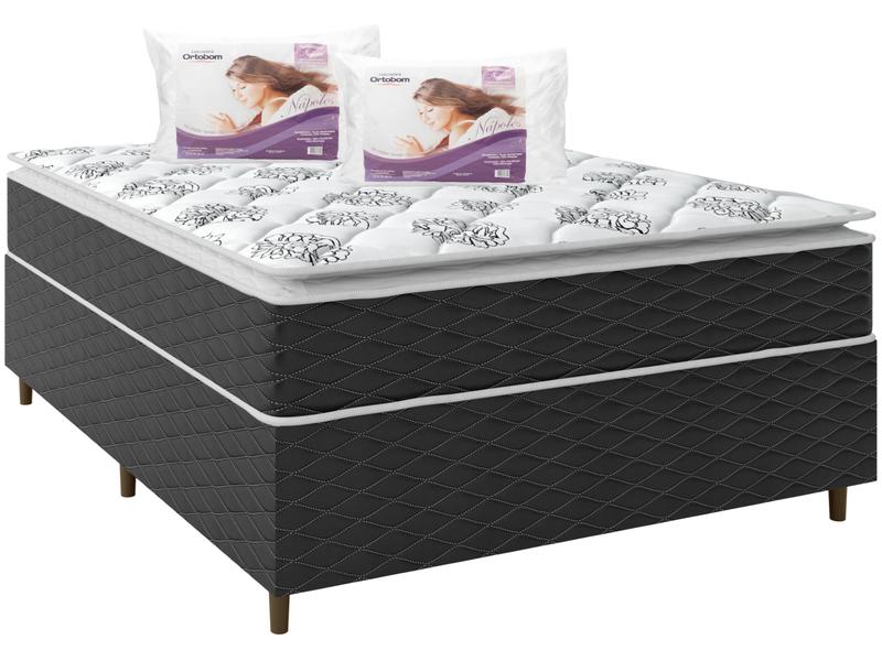 Cama Box Casal (Box + Colchão) Umaflex de Mola - Ensacada + Travesseiro Ortobom Poliéster 2 Peças