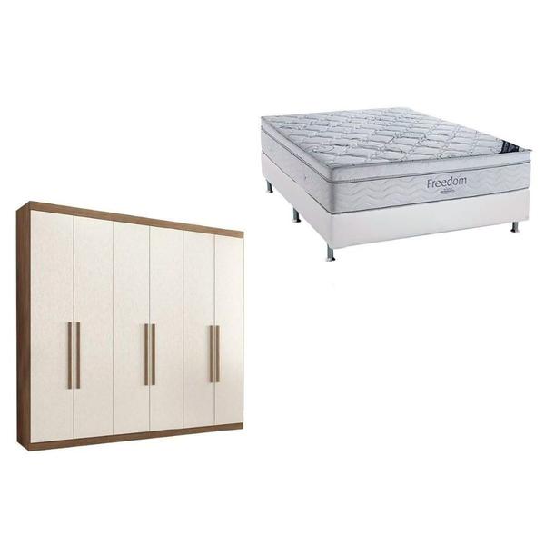 Imagem de Cama Box Casal + Colchão Freedom Ortobom + Guarda Roupa Imaginare 6.4 Castanha/Off White