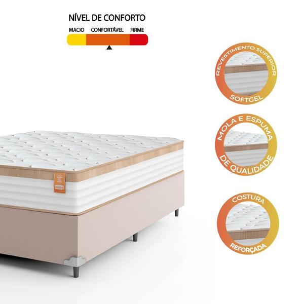 Imagem de Cama Box Casal Colchão Molas Ensacadas Real 138x188x65cm Branco/Bege - Suporta até 130Kg Por Pessoa