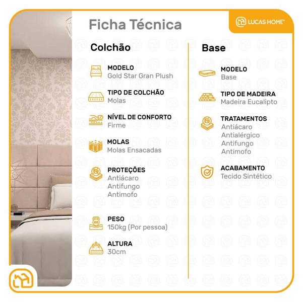 Imagem de Cama Box Casal Preta + Colchão de Molas Ensacadas - Castor - Gold Star Gran Plush 138cm