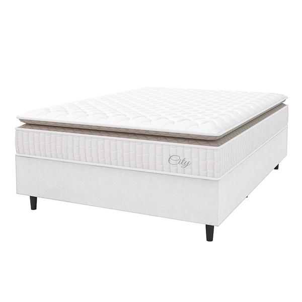 Imagem de Cama Box Colchão Casal Molas Ensacadas City Pillow Top 138x188x61cm Linho Branco / Bege Hellen - Suporta até 110kg por Pessoa