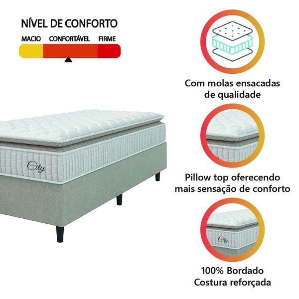 Imagem de Cama Box Colchão Solteiro Molas Ensacadas City Pillow Top 88x188x61cm Branco / Bege Hellen - Suporta até 110kg por Pessoa