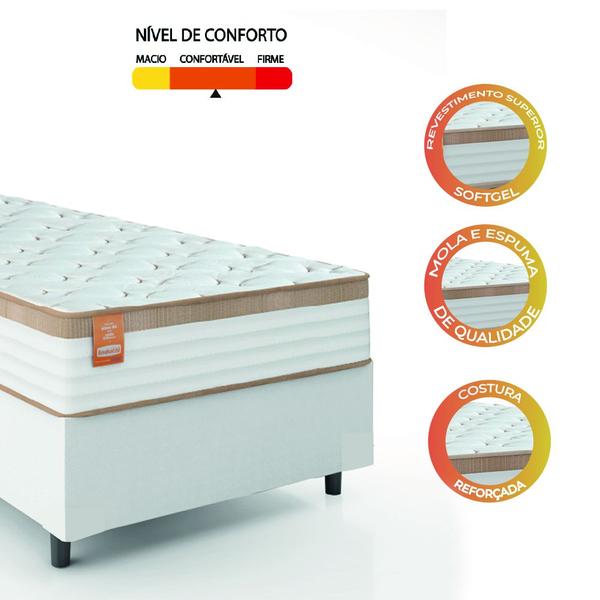 Imagem de Cama Box Colchão Solteiro Molas Ensacadas Real 88x188x65cm Linho Branco / Bege Inducol - Suporta até 130kg por Pessoa