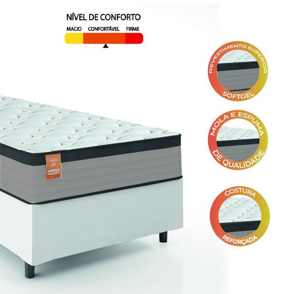 Imagem de Cama Box Colchão Solteiro Molas Ensacadas Real 88x188x65cm Linho Branco / Preto Inducol - Suporta até 130kg por Pessoa