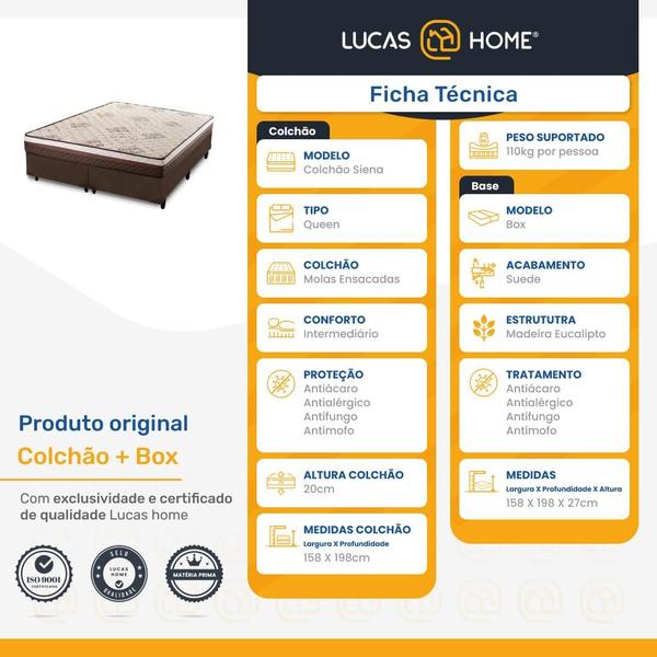 Cama Box Queen + Colchão Siena Molas Ensacadas Marrom 158x198x59cm - Suporta até 110kg Por Pessoa - Lucas Colchões Imagem de Cama Box Queen + Colchão Siena Molas Ensacadas Marrom 158x198x59cm - Suporta até 110kg Por Pessoa