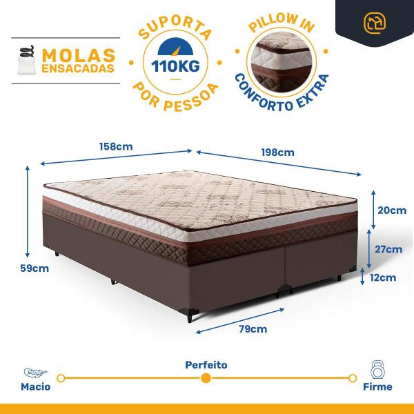 Cama Box Queen + Colchão Siena Molas Ensacadas Marrom 158x198x59cm - Suporta até 110kg Por Pessoa - Lucas Colchões Imagem de Cama Box Queen + Colchão Siena Molas Ensacadas Marrom 158x198x59cm - Suporta até 110kg Por Pessoa