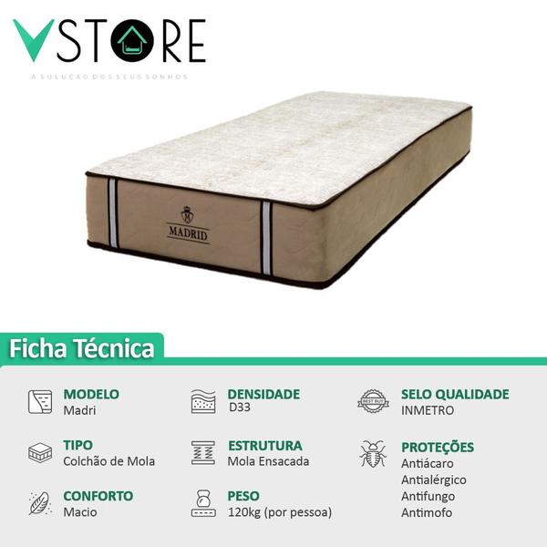 Cama Box Solteiro + Colchão Madrid D33 Molas Ensacadas 78x188x66cm Várias Cores - Vstore - V-STORE Imagem de Cama Box Solteiro + Colchão Madrid D33 Molas Ensacadas 78x188x66cm Várias Cores - Vstore