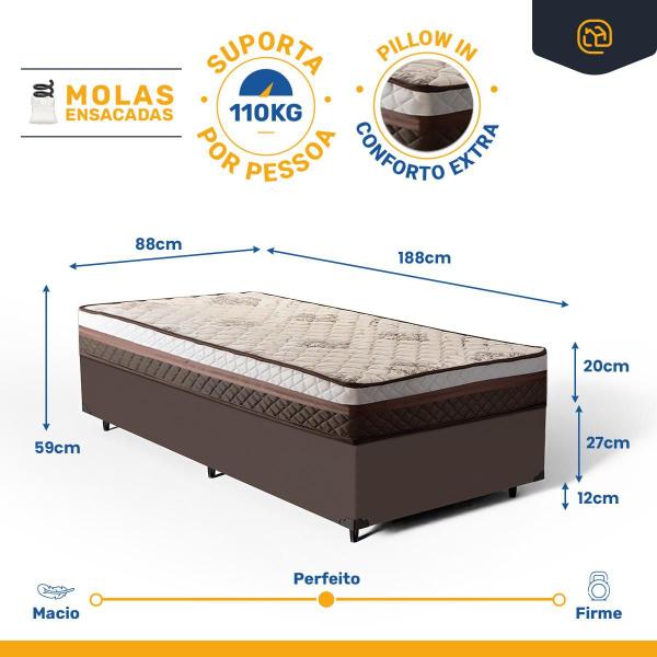 Imagem de Cama Box Solteiro + Colchão Siena Molas Ensacadas Marron 88x188x59cm - Suporta até110kg Por Pessoa