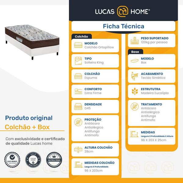 Cama Box Solteiro King + Colchão de Solteiro King Iso 150 D45 Ortopillow 96cm - Suporta até 120Kg - Ortobom Imagem de Cama Box Solteiro King + Colchão de Solteiro King Iso 150 D45 Ortopillow 96cm - Suporta até 120Kg