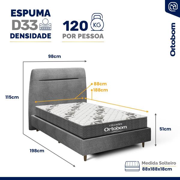 Imagem de Cama + Cabeceira Genebra Bouclé com Colchão de Espuma D33 Ortobom Airtech 100 Solteiro 88cm