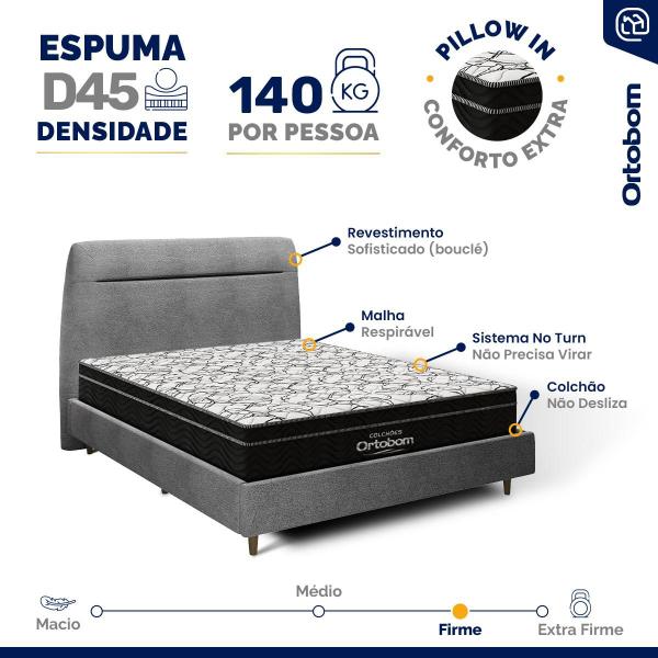 Imagem de Cama + Cabeceira Genebra Bouclé com Colchão de Espuma D45 Ortobom Airtech Ortopillow 150 Casal 138cm