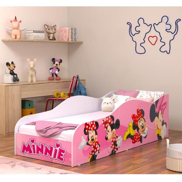 Imagem de Cama Carro Adesivada Minnie Montessori Convencional Com Colchão Cor Rosa