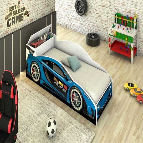 Imagem de Cama Carro Infantil Azul Com Baú E Colchão Menino Menina Caminha Resistente Prateleiras Casinha Bonecas Grade Elegante Cercado Quarto Bebê Criança