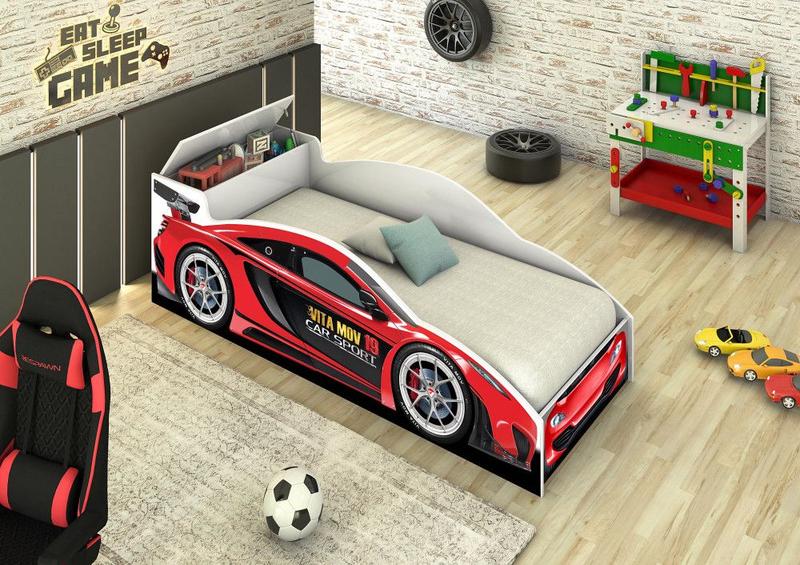 Imagem de Cama Carro Infantil Branco Com Baú E Colchão Menino Menina Caminha Resistente Prateleiras Casinha Bonecas Grade Elegante Cercado Quarto Bebê Criança