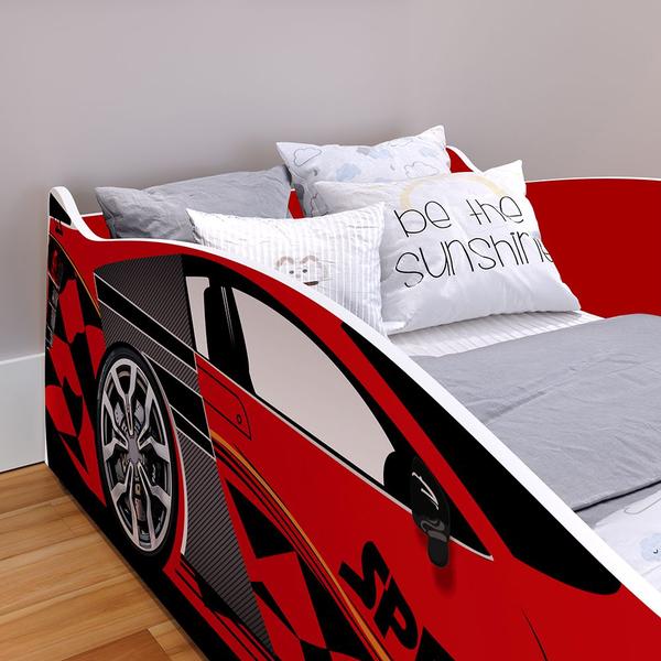 Imagem de Cama Carro Solteiro Infantil Speedy Montessoriana MDF Proteção Lateral Decoração Tema Corrida Quarto Menino - Vermelho - RPM