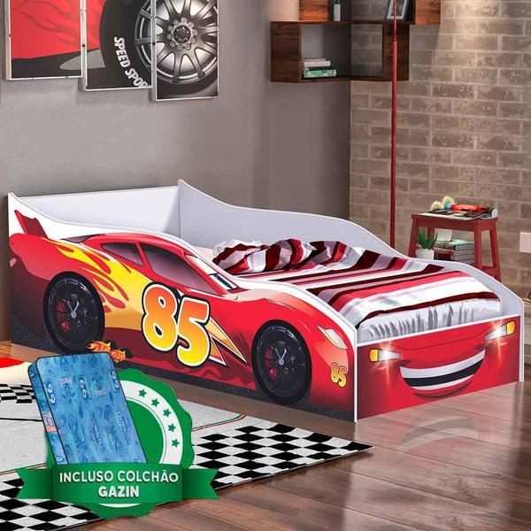 Imagem de Cama Carro Vermelho Infantil Red Gabrielli Móveis Com Colchão Gazin Infantil