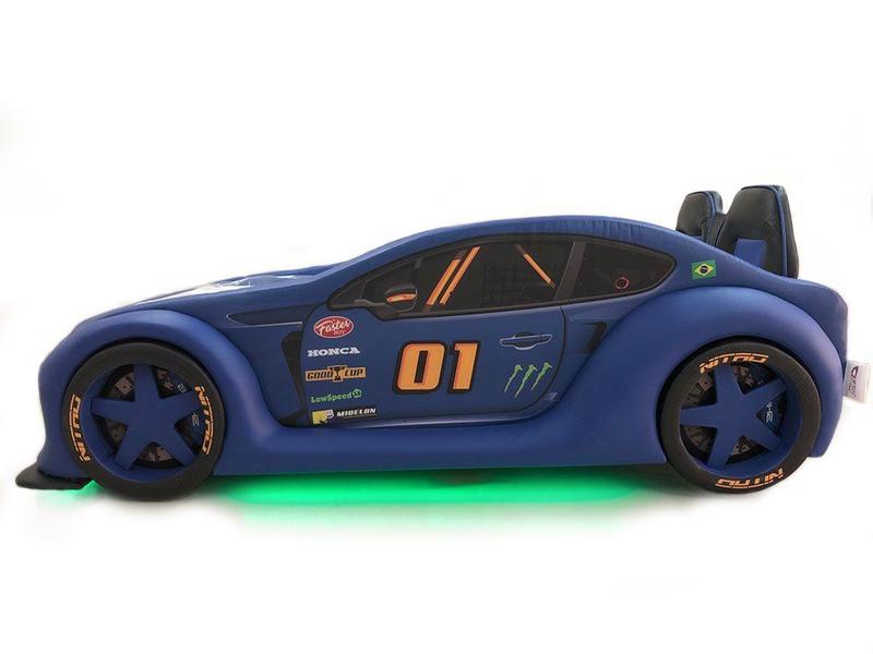 Imagem de Cama Carro Zmax Racing solteiro com leds e banco traseiro - cor azul