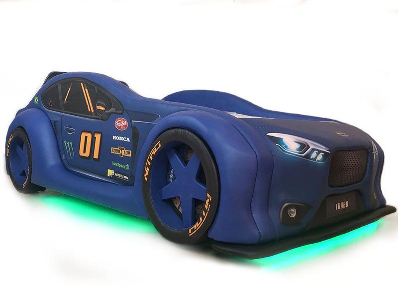 Imagem de Cama Carro Zmax Racing solteiro com leds e banco traseiro - cor azul