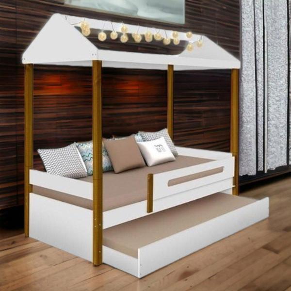 Cama Casa Solt. Lara Branco/Mel c/ Aux. Firenze, LED e 02 Colchões - Movelaria Imagem de Cama Casa Solt. Lara Branco/Mel c/ Aux. Firenze, LED e 02 Colchões