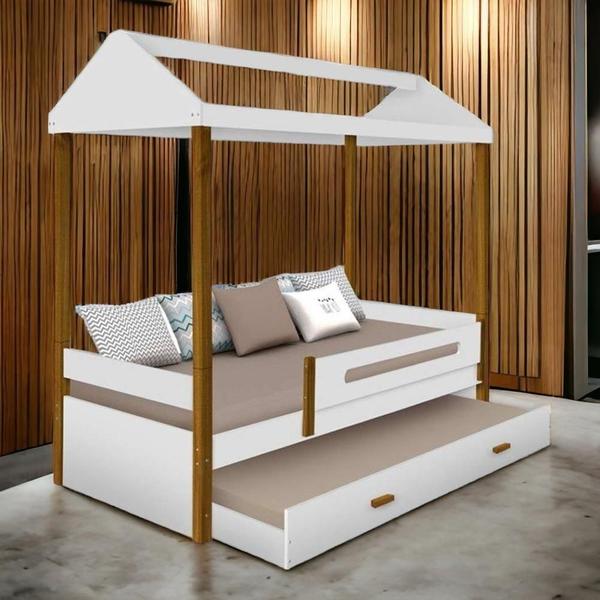 Cama Casa Solt. Lara Branco/Mel c/ Auxiliar - Movelaria Imagem de Cama Casa Solt. Lara Branco/Mel c/ Auxiliar