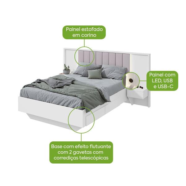 Cama Casal 140cm com USB, USB-C e 2 Mesa de Cabeceiras Solaris - Lopas - Móveis Lopas Imagem de Cama Casal 140cm com USB, USB-C e 2 Mesa de Cabeceiras Solaris - Lopas