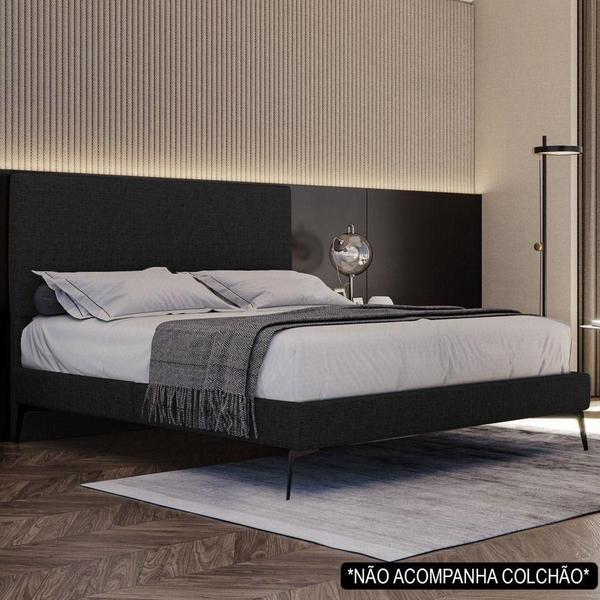 Imagem de Cama Casal Com Cabeceira 145cm Pés Metálicos Elisa S05 Linho Preto