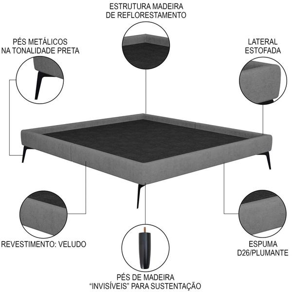 Imagem de Cama Casal com Cabeceira 145cm Pés Metálicos Elisa S05 Veludo Cinza - Mpozenato