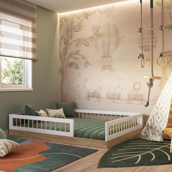 Imagem de Cama Casal de Chão Infantil Montessoriana Menino Menina 195cm com Grade de Proteção Aveiro com Branco